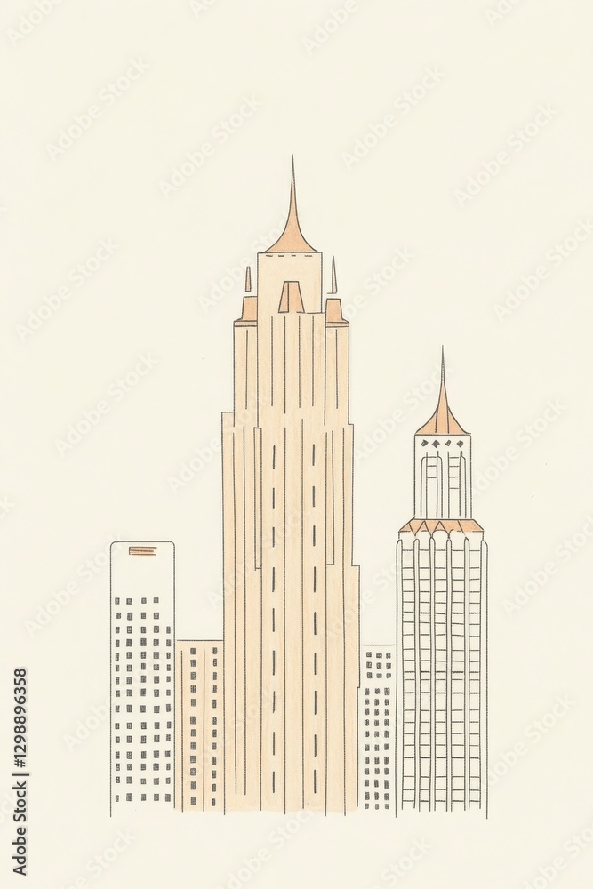 Naklejka premium Beige Minimalist Cityscape Illustration Featuring Tall Buildings With Cityscapes And Structures Drawing Styles And Architectural Elements In Neutral Tones Featuring Buildings And Lines And Shapes And