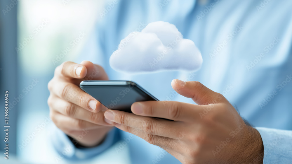 Close-up of hands holding a smartphone with a cloud hovering above, symbolizing cloud technology and online storage Close-up of hands holding a smartphone with a cloud hovering above, symbolizing cloud technology and online storage