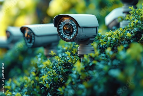 Graphic layouts for advertising security systems featuring surveillance cameras on a lush backdrop