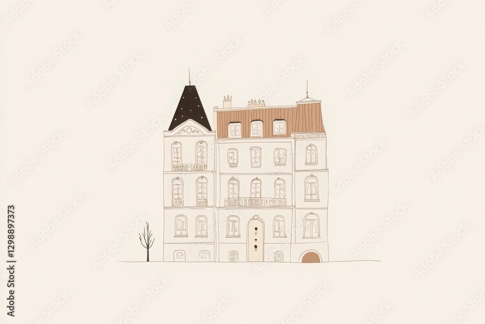 Fototapeta premium Beige Minimalist House Illustration with Geometric Shapes Design using Geometric Figures and Lines Featuring White Walls and Brown Roof Design Illustration featuring Minimalist Architecture Elements