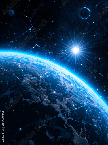 space, earth, planet, blue, black, connection, digital, illustration, globe, universe, fantasy, world, technology, galaxy, backdrop, color, sun, concept, futuristic, stars, design, glow, motion, fract