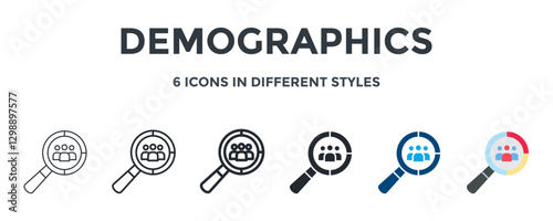 Demographics Icon In Different Style Vector Illustration. Designed In Thin Line, Regular Line, Bold Line, Glyph, Color Fill, And Flat Style Can Be Used For Web