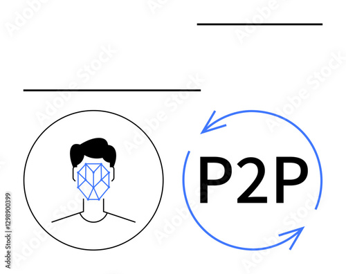 Geometric face scan inside user portrait with blue network pattern and adjacent P2P with circular swap arrows. Ideal for AI tech, digital identity, blockchain transfer, fintech, secure payments