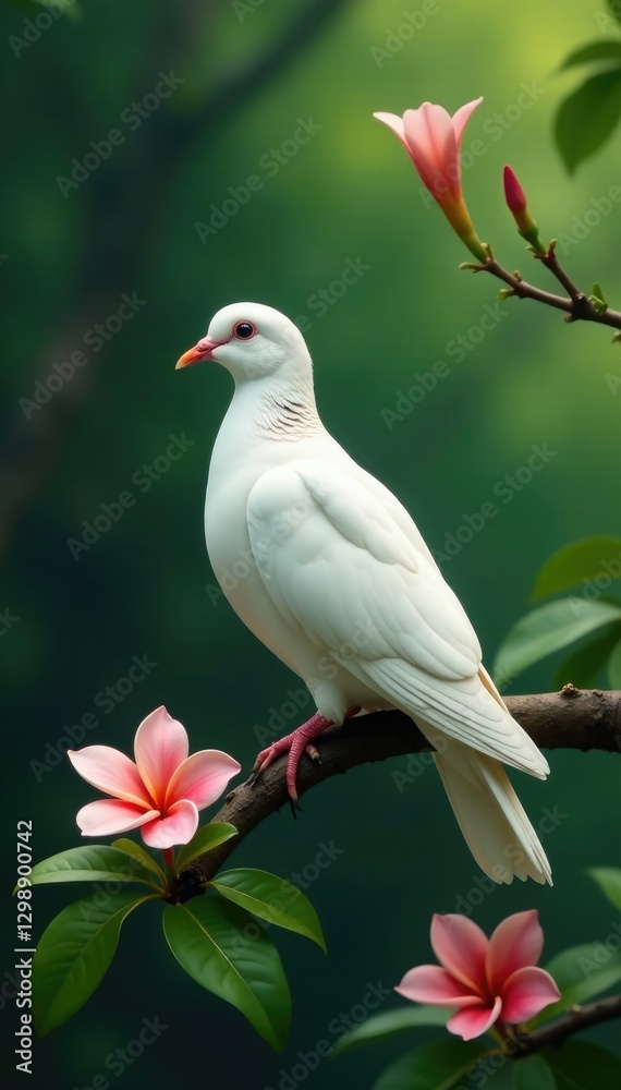 Obraz premium White dove cooing softly from its perch on a lush branch with exotic flowers, nature, wildlife,
