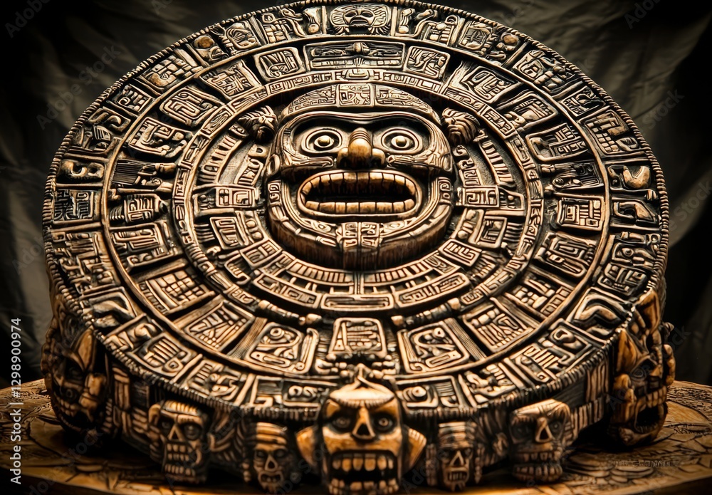 Obraz premium A majestic wooden Aztec calendar adorned with intricate ancient designs.