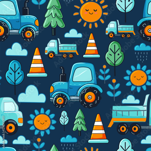 Vector seamless pattern with cute blue tractors. Pattern for bedroom, wallpaper, kids and baby wear.