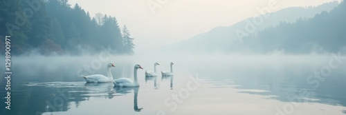 White Geese glide smoothly on foggy lake surface, geese, landscape, peaceful