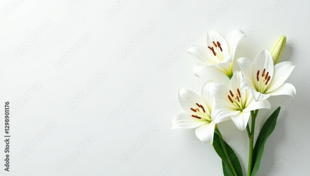 Fototapeta premium White lilies on a minimalist white background, clean, fresh flowers