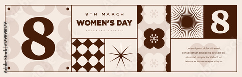 International women's day horizontal web banner, flyer or greeting card design template with modern geometric elements and number 8. Vector illustration