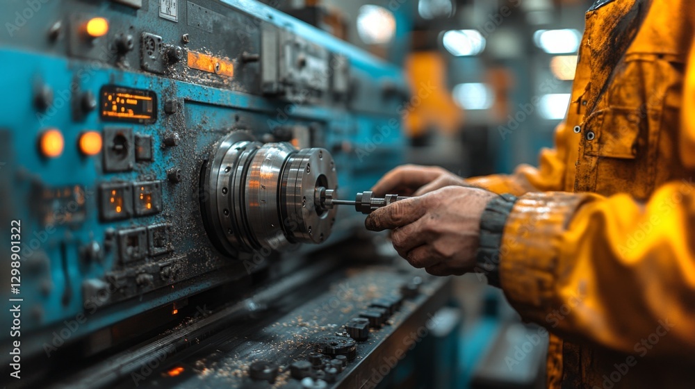 In a busy industrial workshop, a technician focuses on precision work while operating a large machinery for manufacturing components. Safety equipment is in use, ensuring a secure environment. In a busy industrial workshop, a technician focuses on precision work while operating a large machinery for manufacturing components. Safety equipment is in use, ensuring a secure environment.