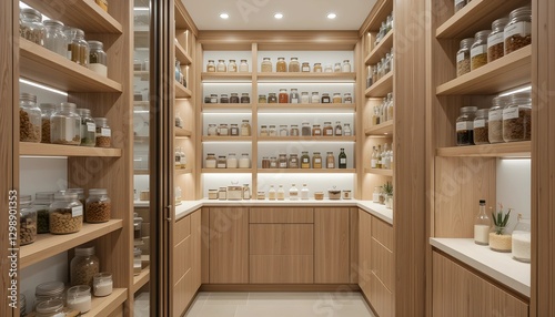 Modern Walk-In Pantry with Wooden Shelves
