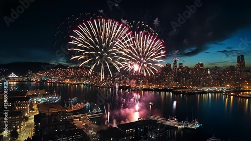 Spectacular Fireworks Display Illuminates City Skyline at Night Celebration