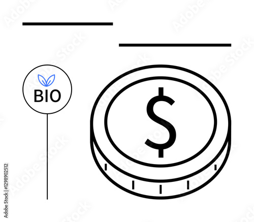 Dollar coin with a focus on a bio leaf badge symbolizing eco-friendly initiatives. Ideal for sustainability, green economy, finance, eco-business, ethical investments, environment, abstract line flat