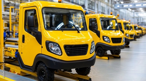 yellow utility vehicles on assembly line in modern factory