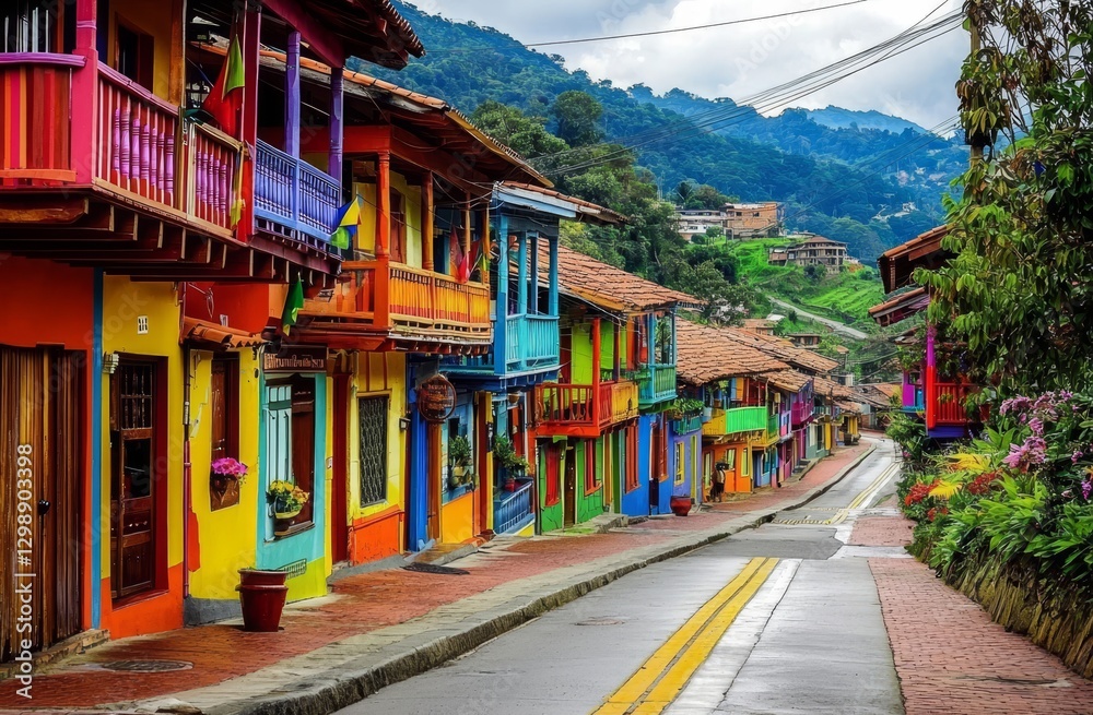 Fototapeta premium Exploring the lively neighborhoods of Colombia filled with vibrant homes.