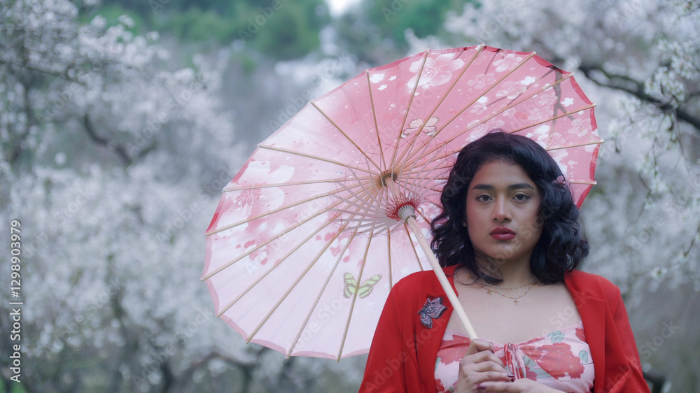Latin woman holding traditional umbrella in blooming orchard. Quinta de los Molinos, Madrid.