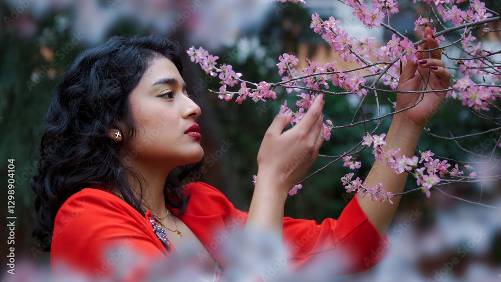 Young woman smelling cherry blossoms in spring wearing red jacket