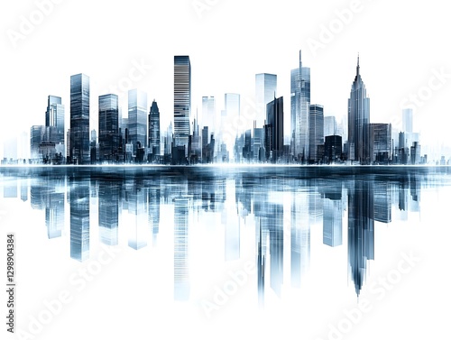 Futuristic Cityscape with Sleek Skyscrapers on Serene Reflective Surface