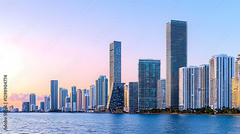 Obraz premium Coastal City Skyline At Sunset With Modern Skyscrapers Over Calm Water Surface
