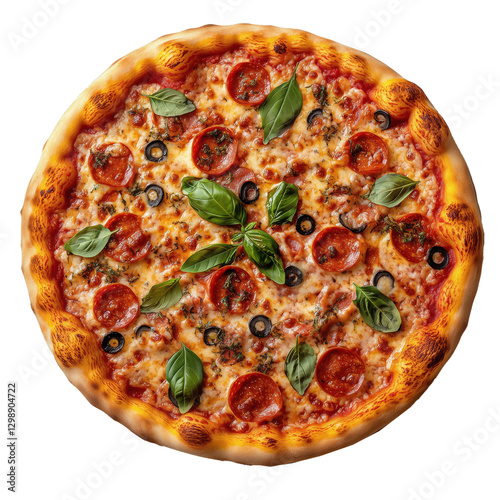 Delicious Pepperoni Pizza Topped With Fresh Basil and Olives on a Crispy Crust