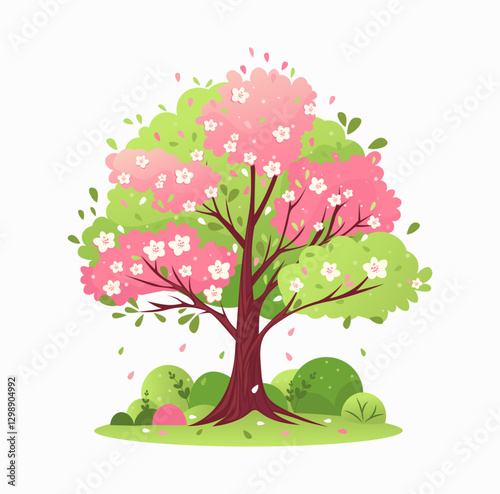 Pink blossom tree. Japanese cherry, sakura, apple tree. Cartoon style. Vector botanical element for spring.