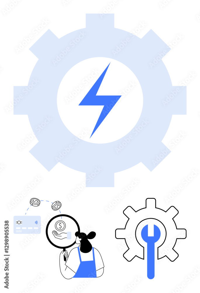 Large gear with lightning bolt at center. Below, person analyzes money with magnifying glass. Adjacent wrench and gear symbol. Ideal for technology, analysis, efficiency, finance, engineering Large gear with lightning bolt at center. Below, person analyzes money with magnifying glass. Adjacent wrench and gear symbol. Ideal for technology, analysis, efficiency, finance, engineering