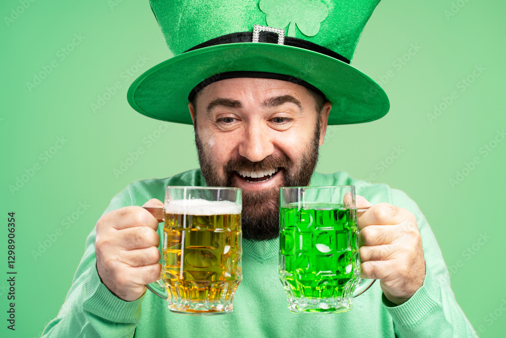 Bearded Man Wearing Green Leprechaun Hat Showing Two Mugs of Beer for St. Patrick's Day Bearded Man Wearing Green Leprechaun Hat Showing Two Mugs of Beer for St. Patrick's Day