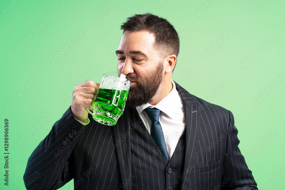 Businessman drinking green beer celebrating St. Patrick's Day Businessman drinking green beer celebrating St. Patrick's Day