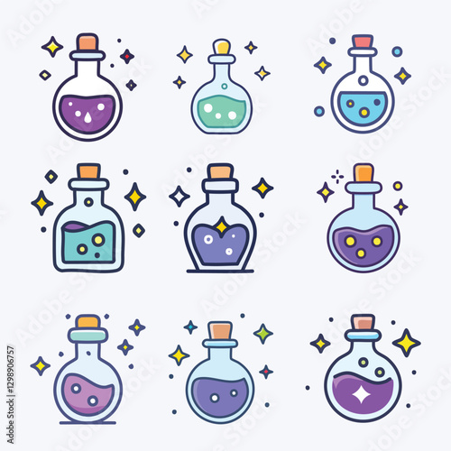 Collection of Colorful Cartoon Magic Potion Bottles