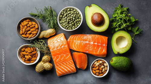 Triglyceride lipid health. Foods that lower triglycerides, like fish and nuts, in a stock image. photo