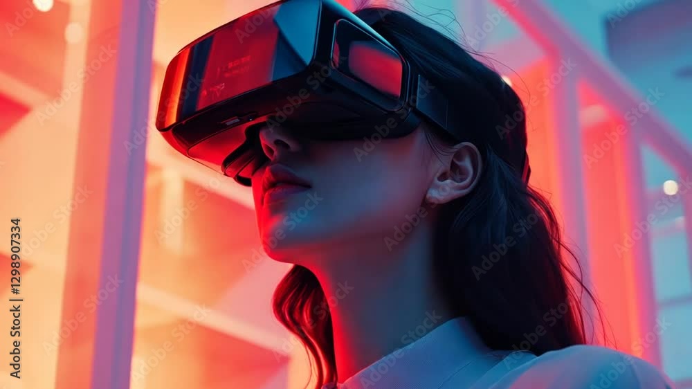 Woman Experiencing Immersive Virtual Reality in a Neon-Lit Setting Woman Experiencing Immersive Virtual Reality in a Neon-Lit Setting