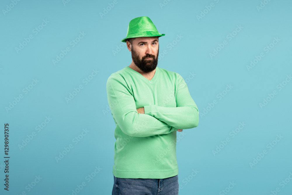 Serious man wearing green St. Patrick's Day hat crossing arms on light blue background Serious man wearing green St. Patrick's Day hat crossing arms on light blue background