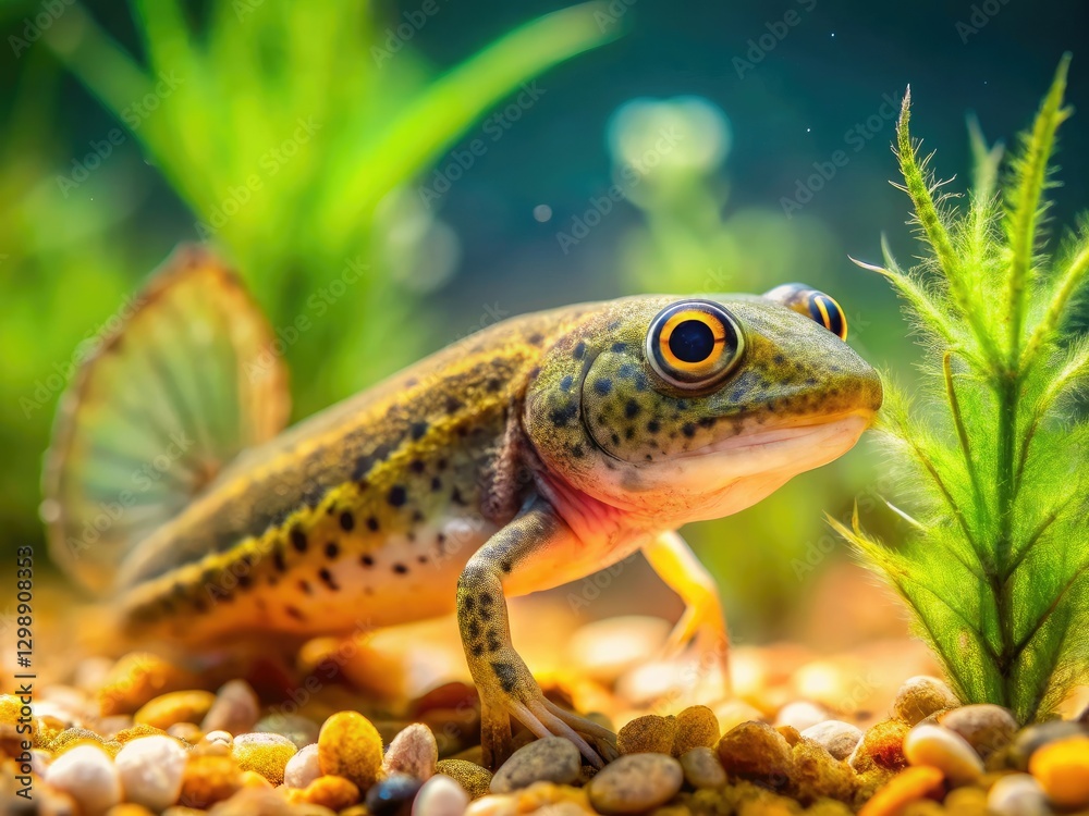 Close-up of a Pelobates cultripes tadpole, showcasing detailed legs, in a high-depth-of-field aquatic wildlife photograph. Close-up of a Pelobates cultripes tadpole, showcasing detailed legs, in a high-depth-of-field aquatic wildlife photograph.