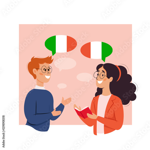 Concept of learning Italian. Italian language course in language school. Learn foreign languages ​​with native speaker. Global communication idea. Vector illustration in cartoon style