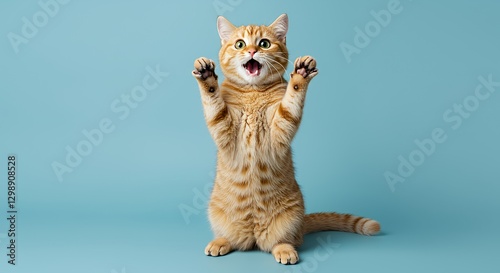 Playful Ginger Cat with Open Mouth, Standing on Hind Legs photo