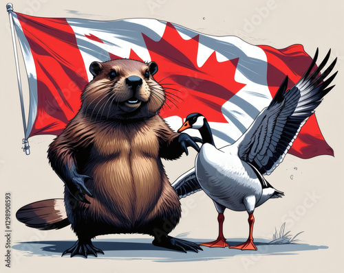 Celebrating Canadian wildlife with a beaver and a goose under the iconic red and white flag backdrop