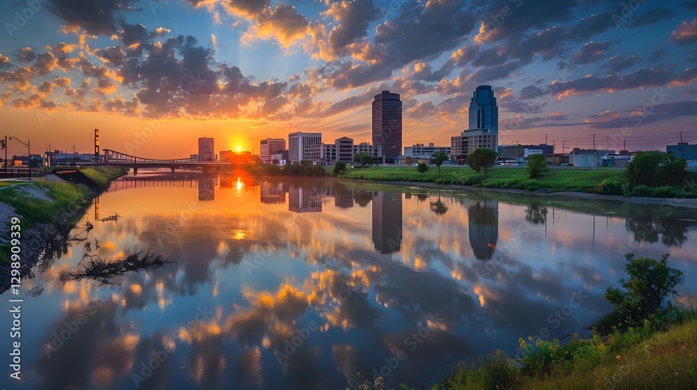 Naklejka premium Serene Cityscape with Skyline Reflecting on Calm River at Sunset