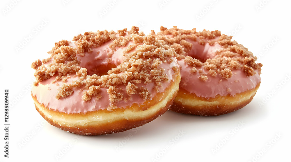 Two Glazed Pink Doughnuts with Crumb Topping Isolated on a White Background Studio Shot of Delicious Baked Goods Two Glazed Pink Doughnuts with Crumb Topping Isolated on a White Background Studio Shot of Delicious Baked Goods
