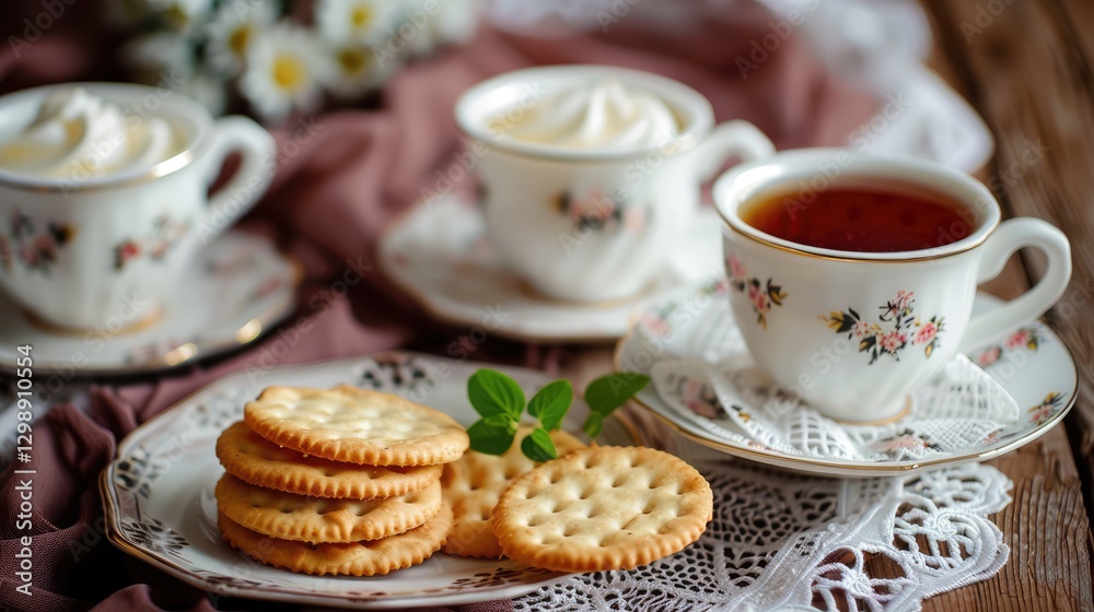 Elegant tea setting featuring delicate cups of tea and cream, accompanied by a plate of biscuits on a wooden table Elegant tea setting featuring delicate cups of tea and cream, accompanied by a plate of biscuits on a wooden table