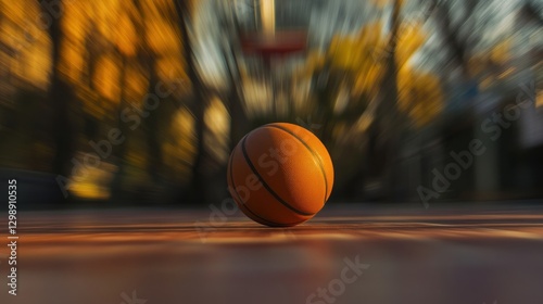Basketball resting on outdoor court at sunset photo