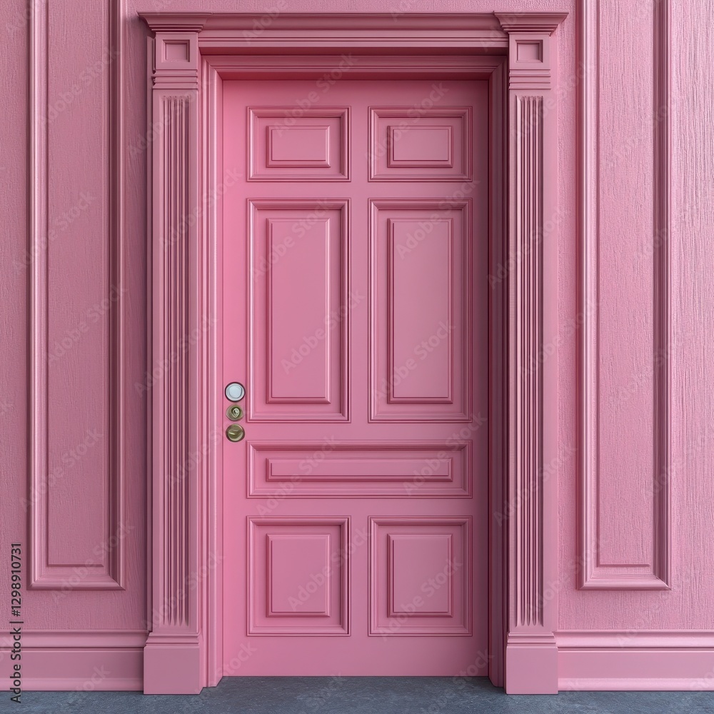 Elegant Pink Wooden Door with Detailed Paneling on Pink Wall Elegant Pink Wooden Door with Detailed Paneling on Pink Wall