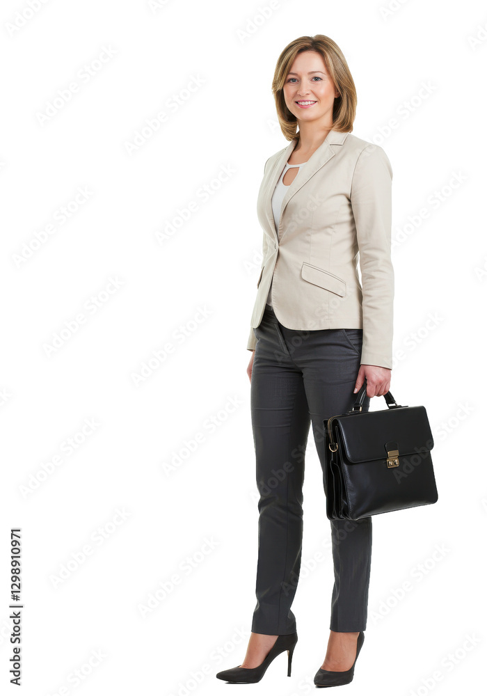 Professional woman in business attire holding a briefcase, standing confidently isolated on transparent background PNG image Professional woman in business attire holding a briefcase, standing confidently isolated on transparent background PNG image