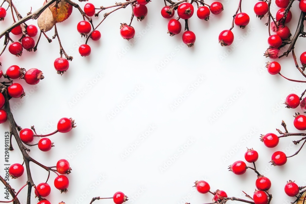 Bright Red Hawthorn Berries Frame on White Background – Nature Border Design Bright Red Hawthorn Berries Frame on White Background – Nature Border Design