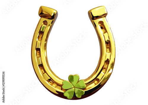 A highly detailed golden horseshoe with three-leaf clover engravings and realistic metallic reflections, isolated on a white background.
