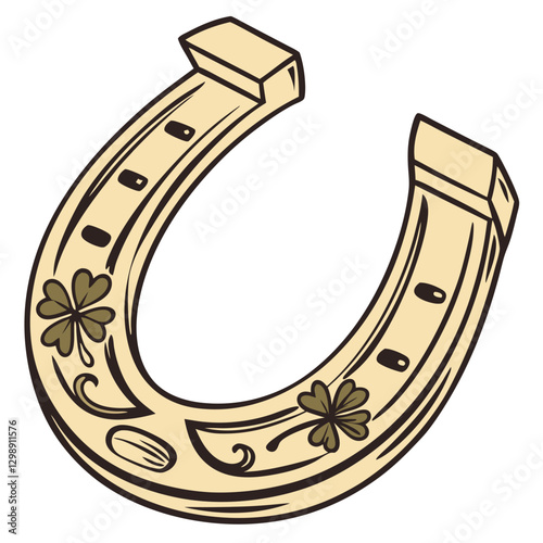A highly detailed golden horseshoe with three-leaf clover engravings and realistic metallic reflections, isolated on a white background.
