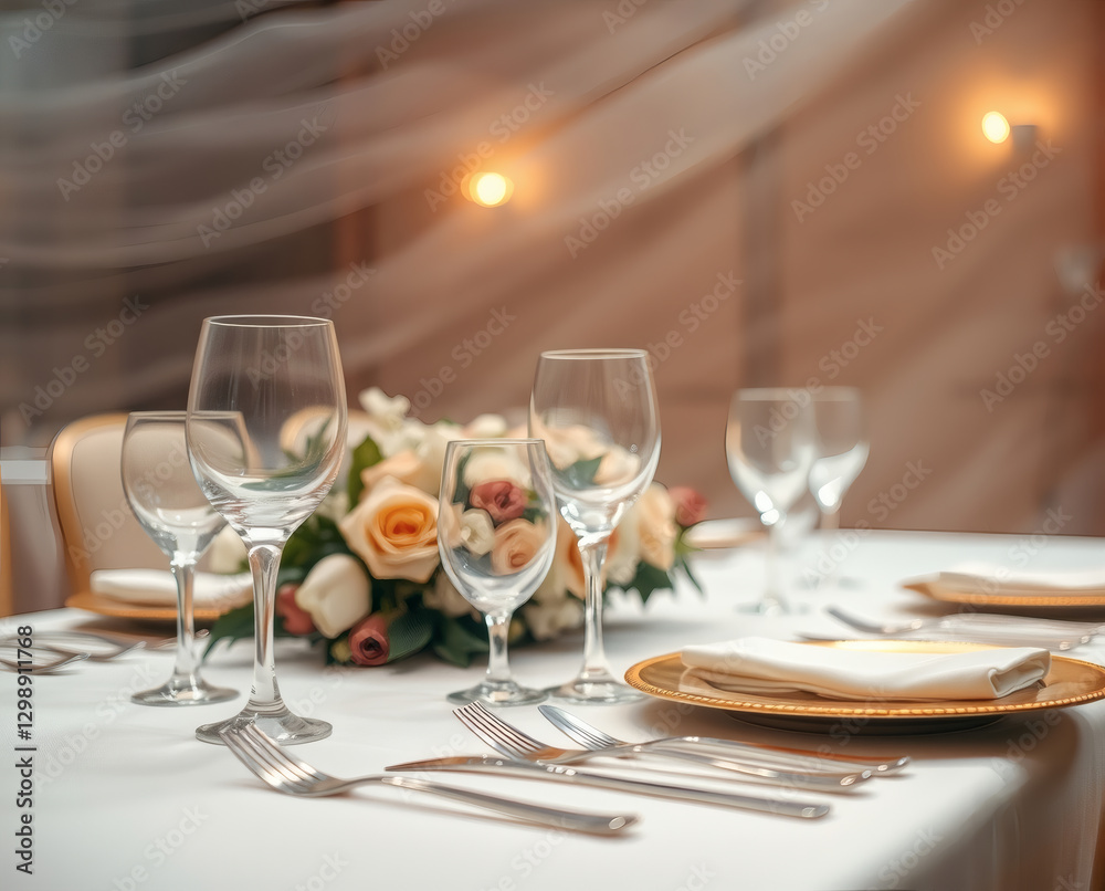 Elegant dinner setting with roses, shimmering glassware, and warm ambiance perfect for a romantic celebration or special occasion Elegant dinner setting with roses, shimmering glassware, and warm ambiance perfect for a romantic celebration or special occasion