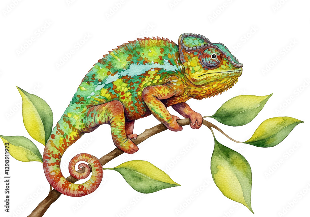 Obraz premium Vibrant Chameleon on Branch - Watercolor cartoon chameleon perched on a branch, symbolizing nature, adaptation, camouflage, color, and exotic beauty