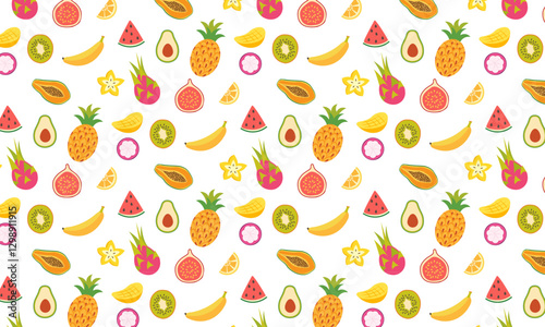 Tropical seamless pattern illustration of fresh fruits on a white background.