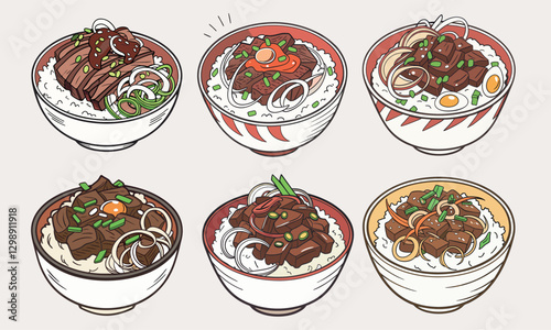 "A set of  steaming donburi rice bowl topped with tender beef, onions, and a glossy sauce, garnished with green onions, on a white background.