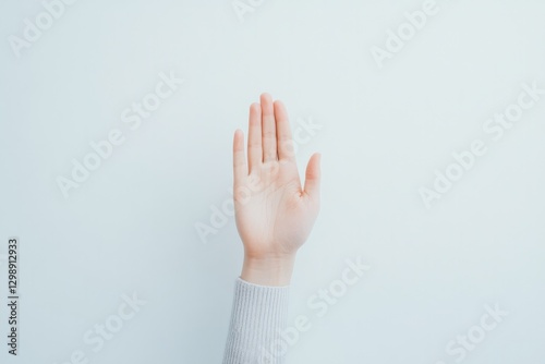 minimalistic stock photo of single hand raised in front of pure white background fingers slightly curled